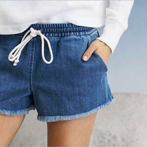 Aerie, Chambray Denim Shorts Elastic Drawstring Waist Frayed Hem, Medium, Blue